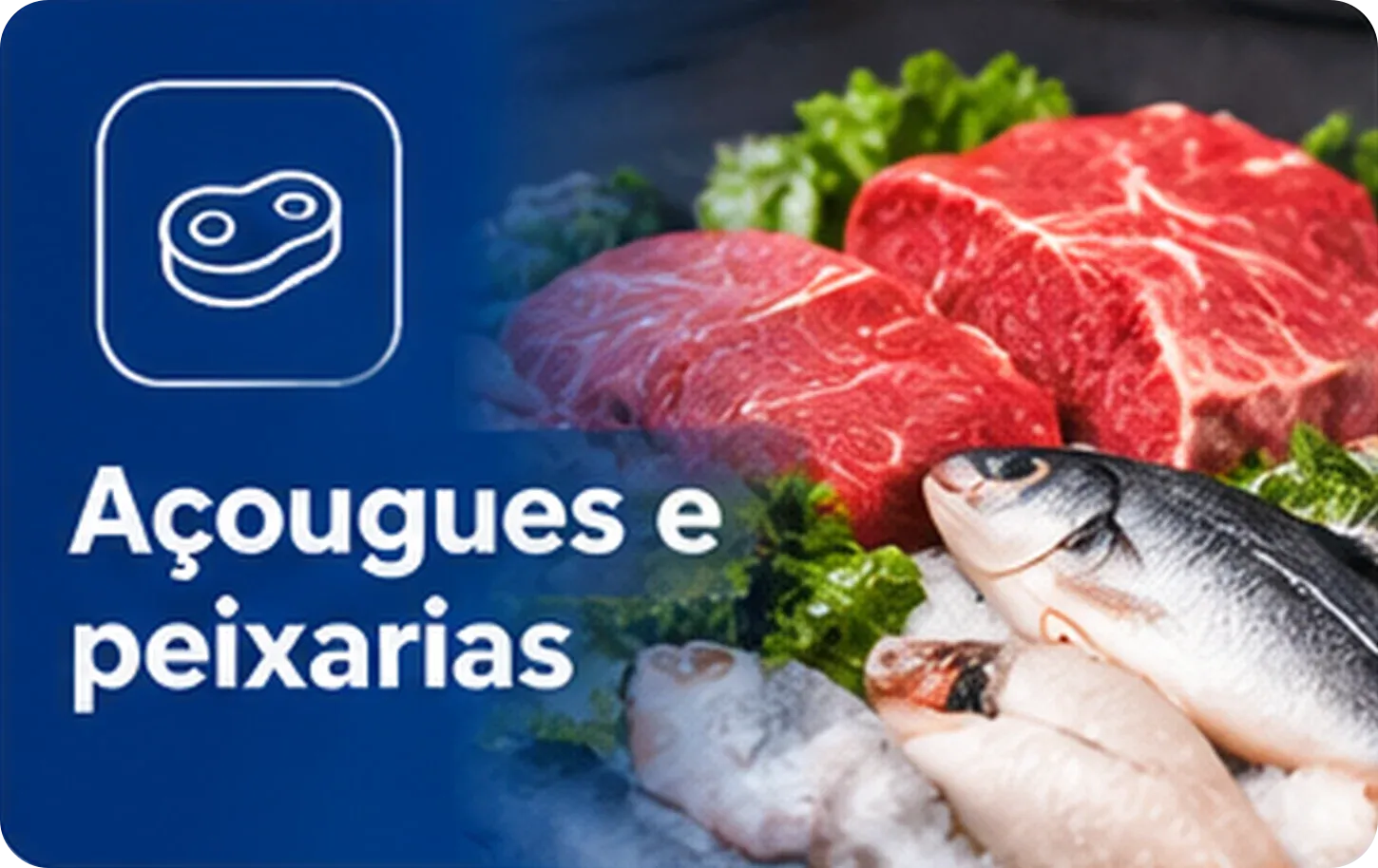 Cortes de carne vermelha e peixes frescos sobre folhas verdes