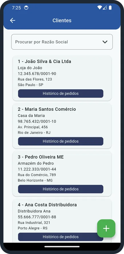 Tela do app i3 Vendas com a lista de clientes e histórico de pedidos