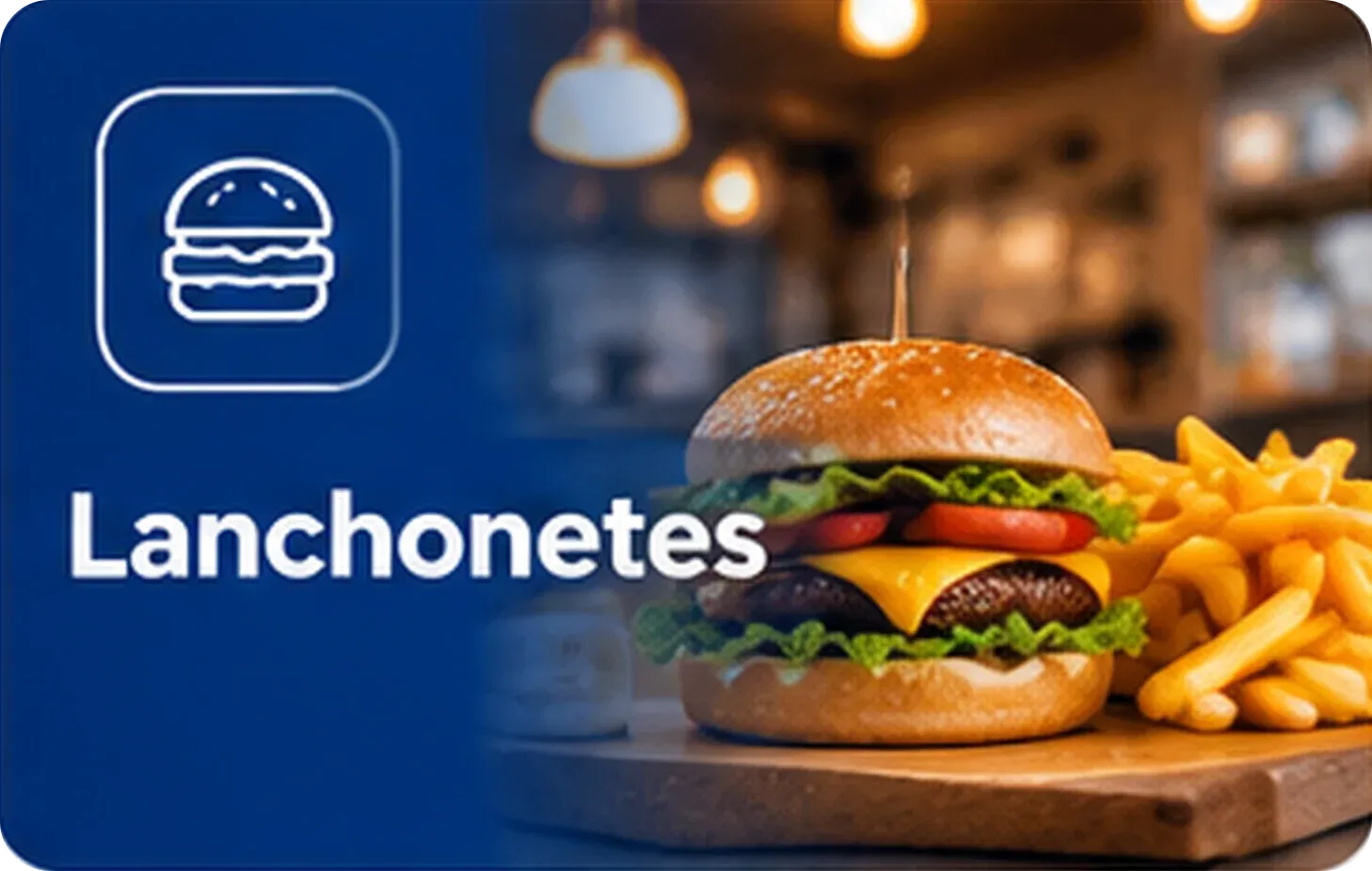 Hambúrguer com queijo e batatas fritas sobre a tábua de uma lanchonete