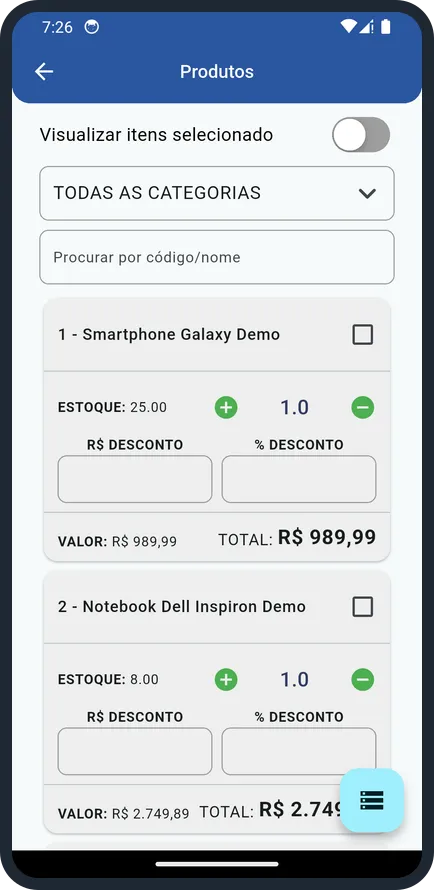 Tela do app i3 Vendas com a lista de produtos, estoque e descontos